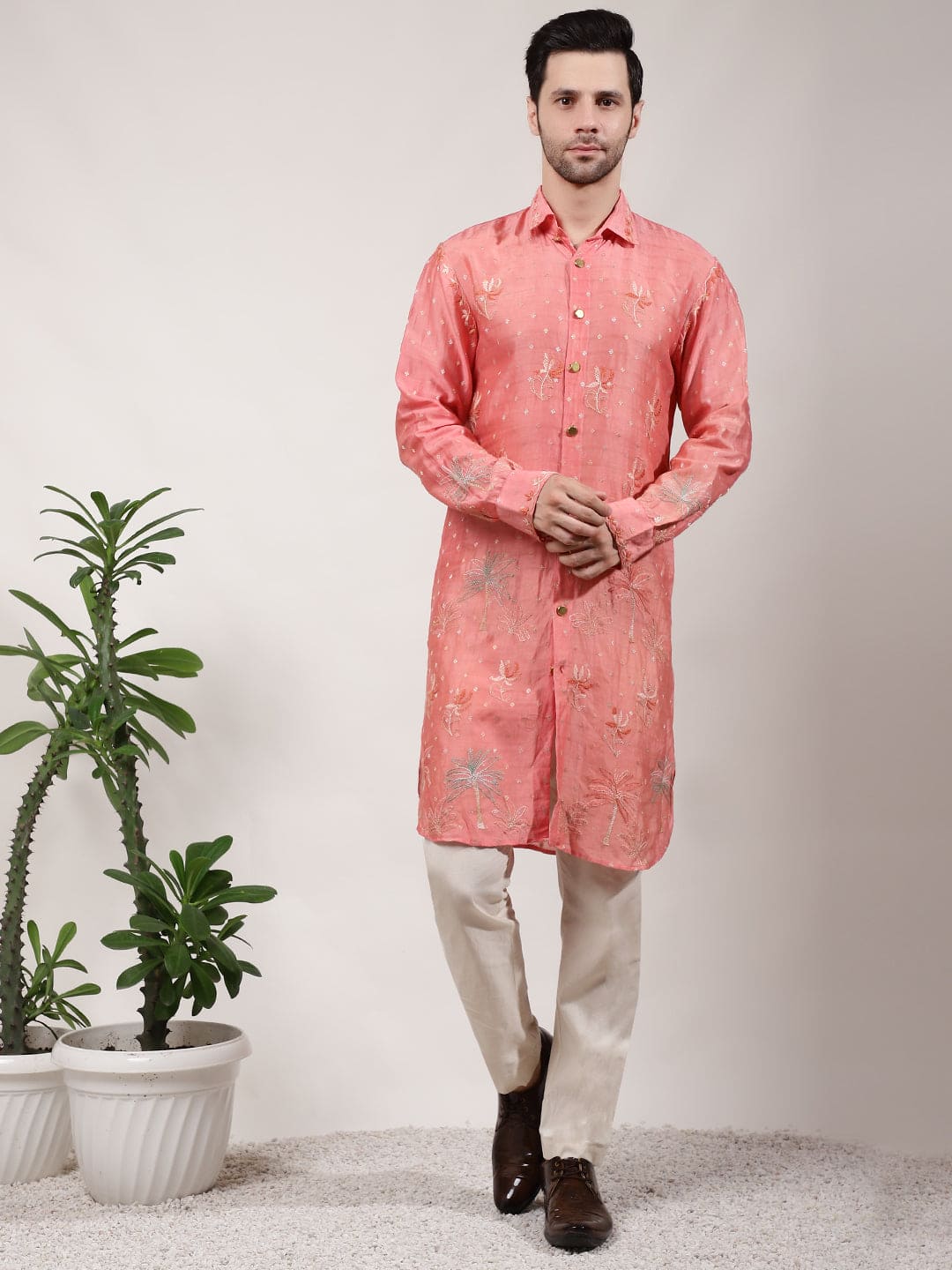 ChikanKari Silk Kurta Set - Orange - Charkha TalesChikanKari Silk Kurta Set - Orange