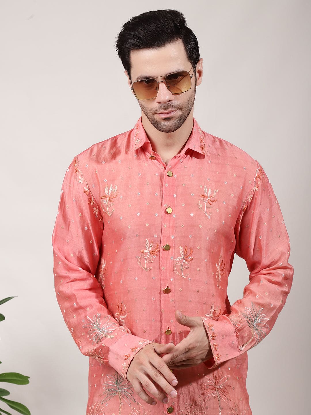 ChikanKari Silk Kurta Set - Orange - Charkha TalesChikanKari Silk Kurta Set - Orange