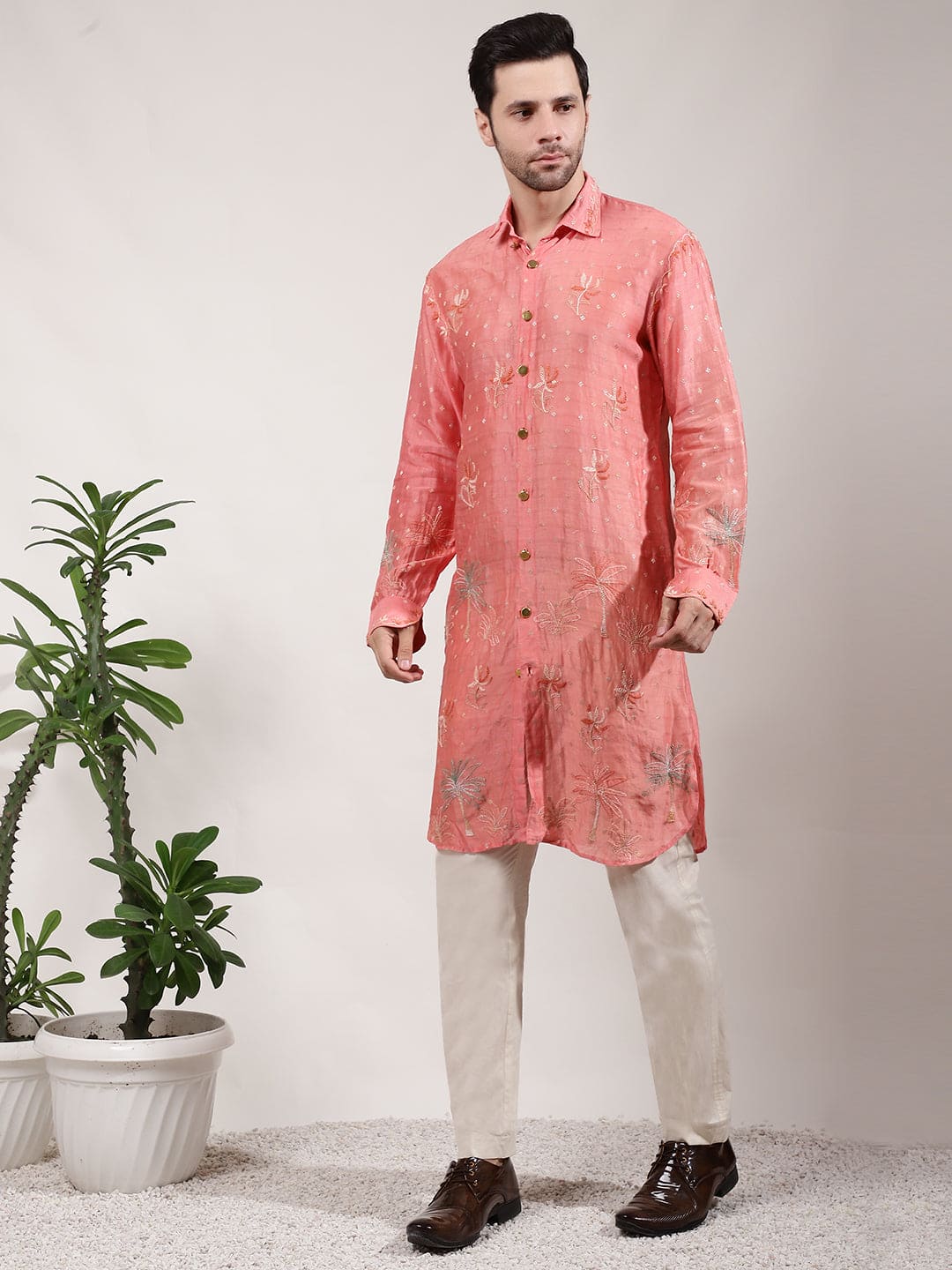 ChikanKari Silk Kurta Set - Orange - Charkha TalesChikanKari Silk Kurta Set - Orange