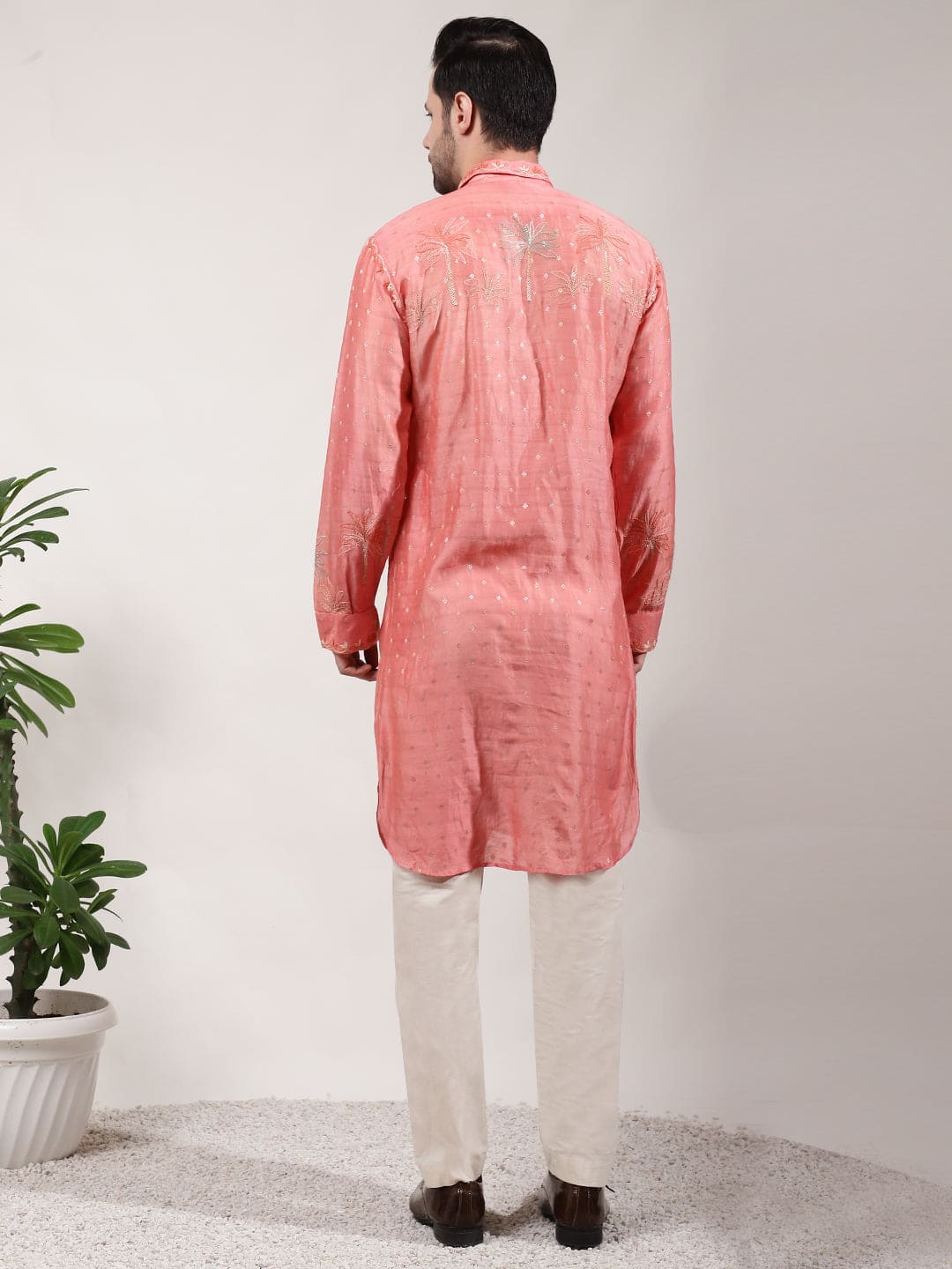 ChikanKari Silk Kurta Set - Orange - Charkha TalesChikanKari Silk Kurta Set - Orange