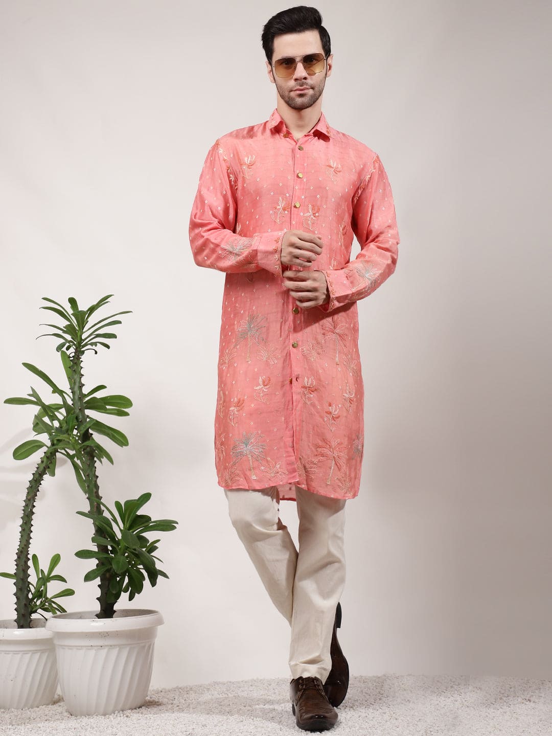 ChikanKari Silk Kurta Set - Orange - Charkha TalesChikanKari Silk Kurta Set - Orange