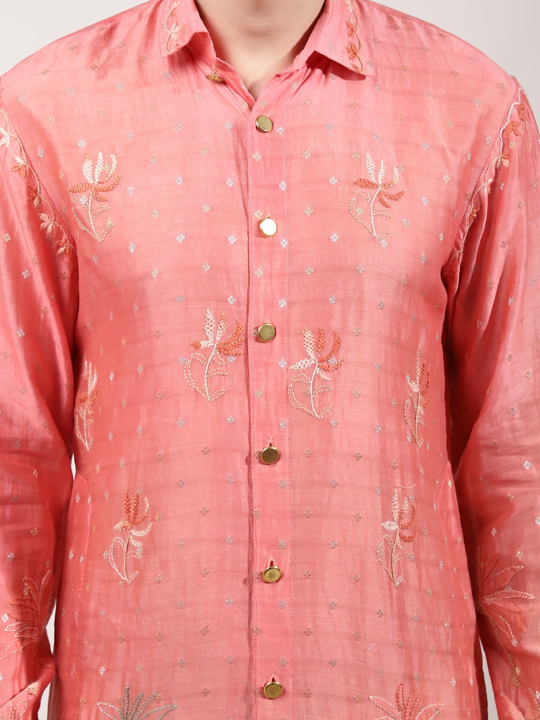ChikanKari Silk Kurta Set - Orange - Charkha TalesChikanKari Silk Kurta Set - Orange