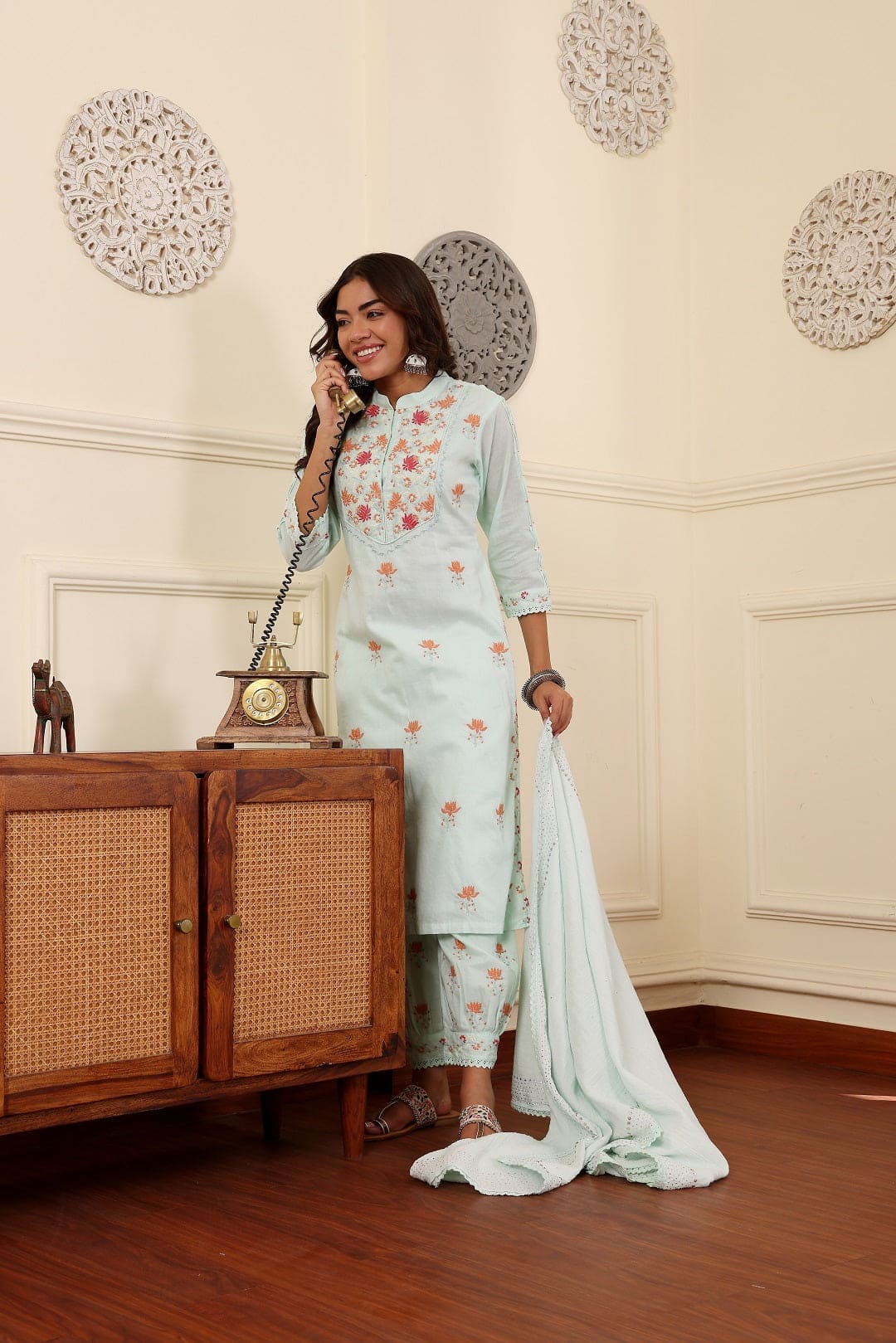 Chikankari Women Kurta Set - Sea - Green - Charkha TalesChikankari Women Kurta Set - Sea - Green