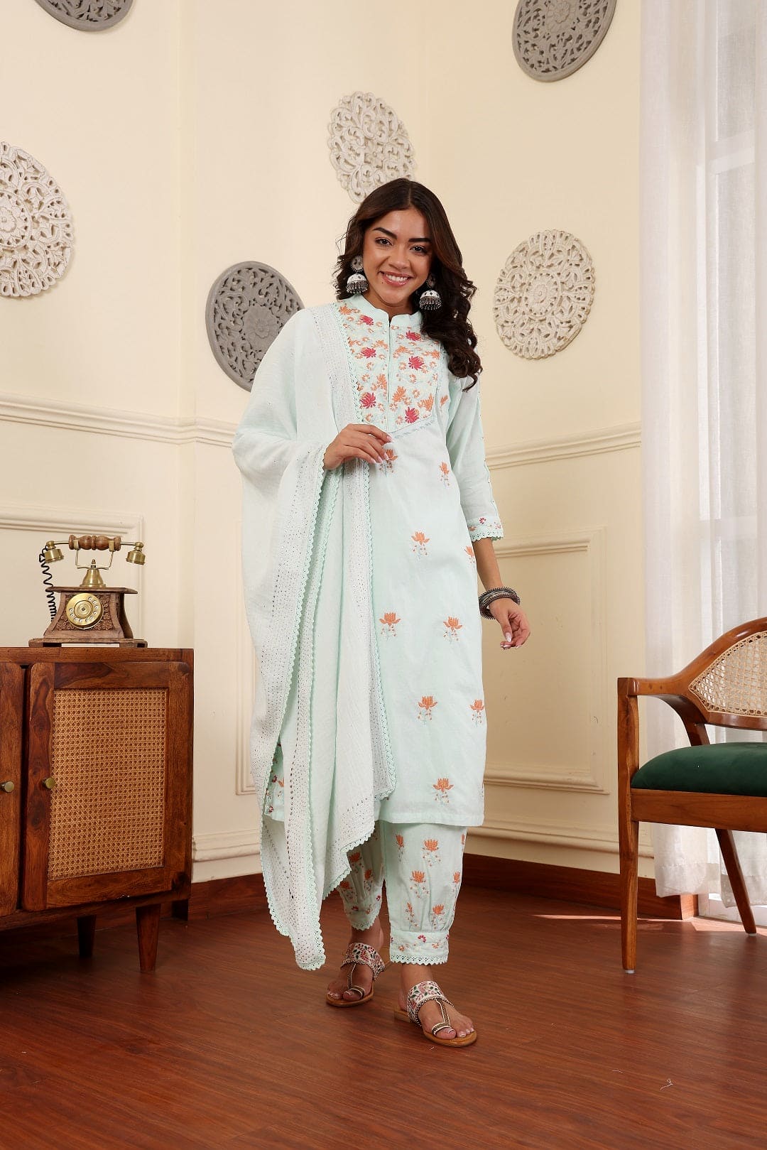 Chikankari Women Kurta Set - Sea - Green - Charkha TalesChikankari Women Kurta Set - Sea - Green