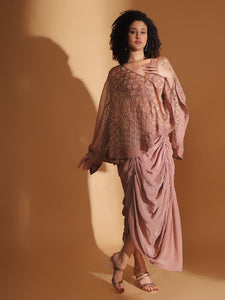 Circular Cape with Crepe Skirt - Brown