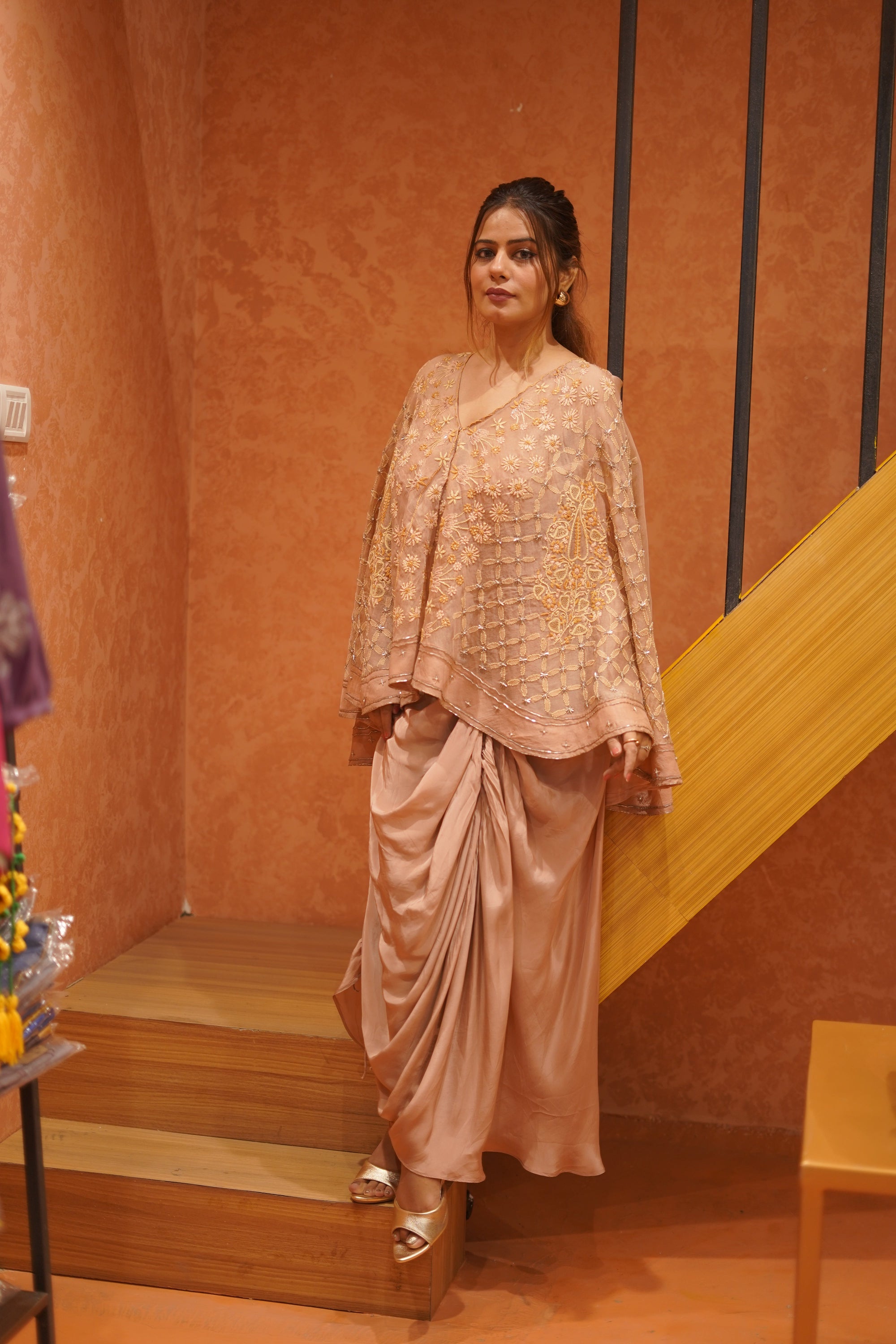 Circular Cape with Crepe Skirt - Brown - Charkha TalesCircular Cape with Crepe Skirt - Brown