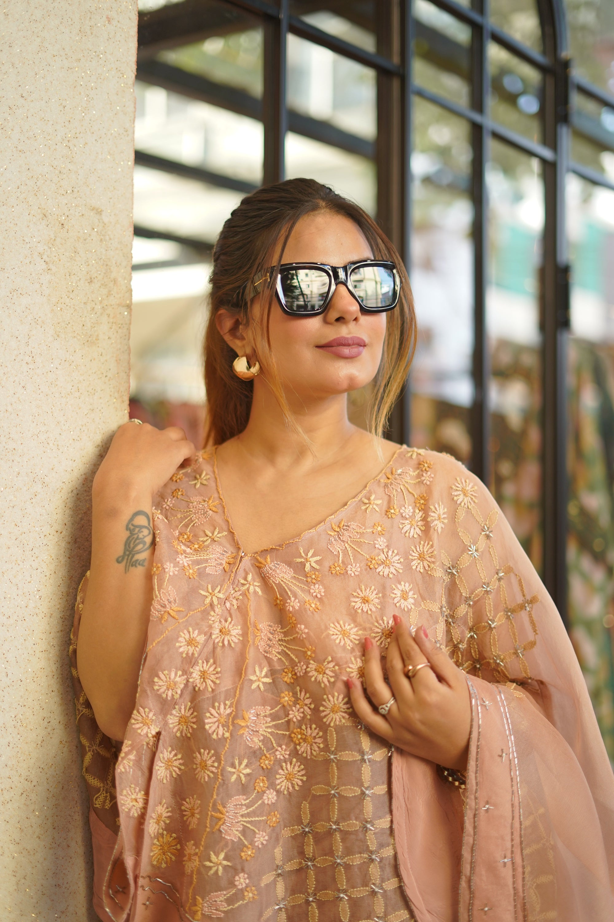 Circular Cape with Crepe Skirt - Brown - Charkha TalesCircular Cape with Crepe Skirt - Brown
