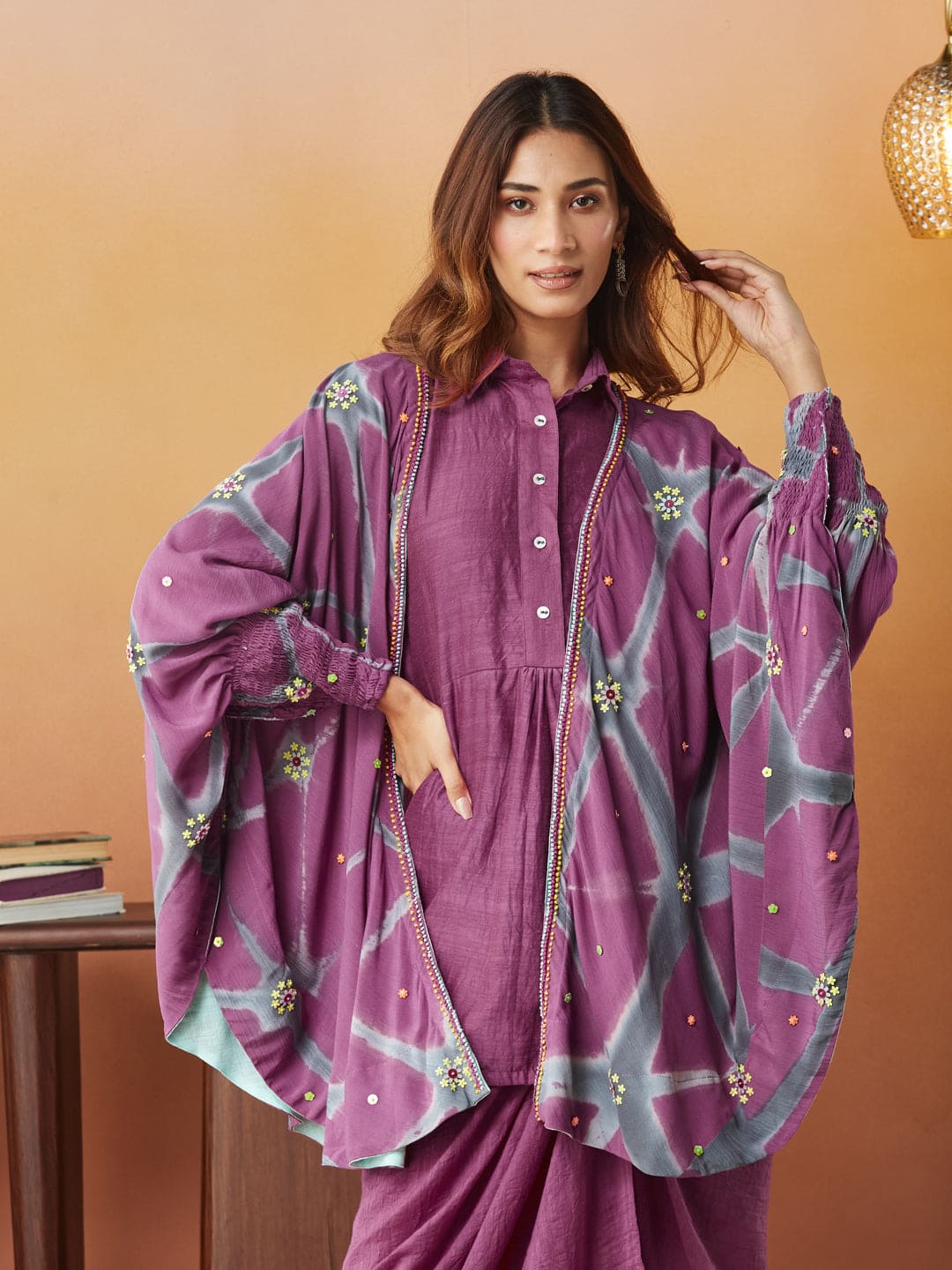 Clamp Dyed Cape With Skirt (Set of 3) - Purple - Charkha TalesClamp Dyed Cape With Skirt (Set of 3) - Purple
