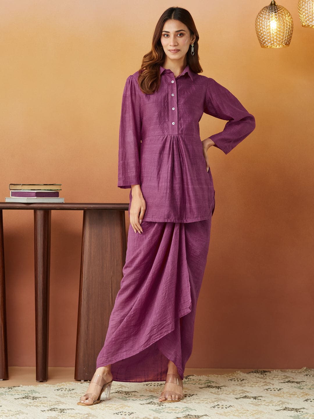 Clamp Dyed Cape With Skirt (Set of 3) - Purple - Charkha TalesClamp Dyed Cape With Skirt (Set of 3) - Purple