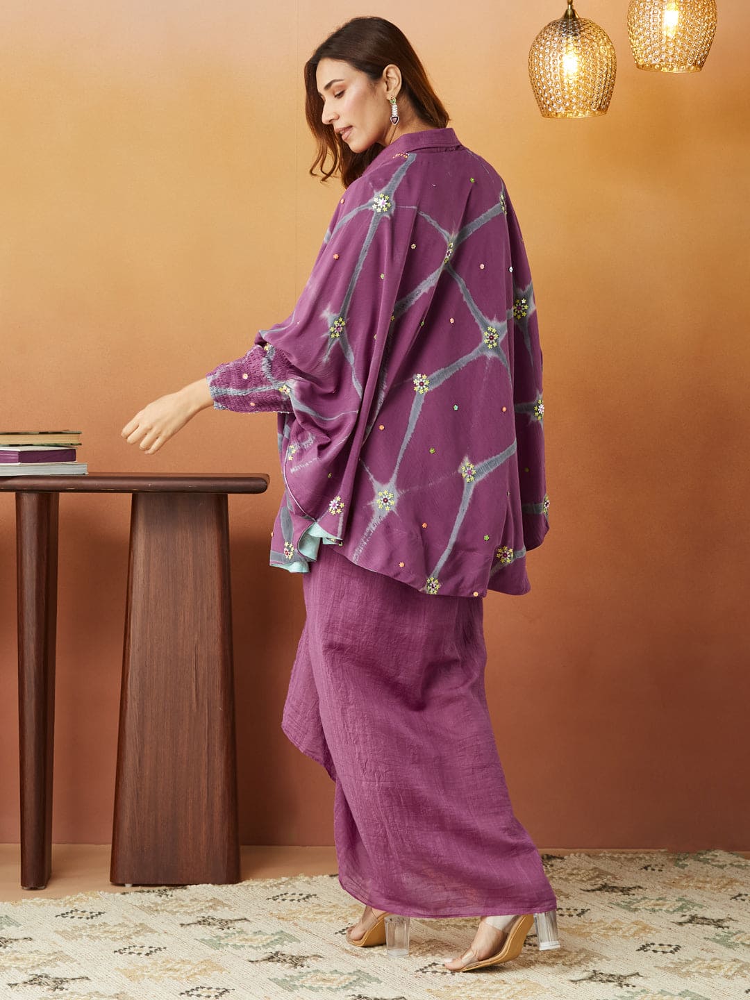 Clamp Dyed Cape With Skirt (Set of 3) - Purple - Charkha TalesClamp Dyed Cape With Skirt (Set of 3) - Purple