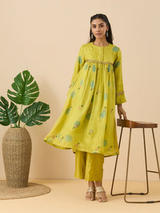 Clamp Dyed Chikankari Kurta Set  - Lemon