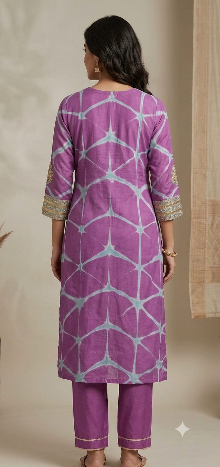 Clamp Dyed Embroidered Kurta Set - Purple - Charkha TalesClamp Dyed Embroidered Kurta Set - Purple