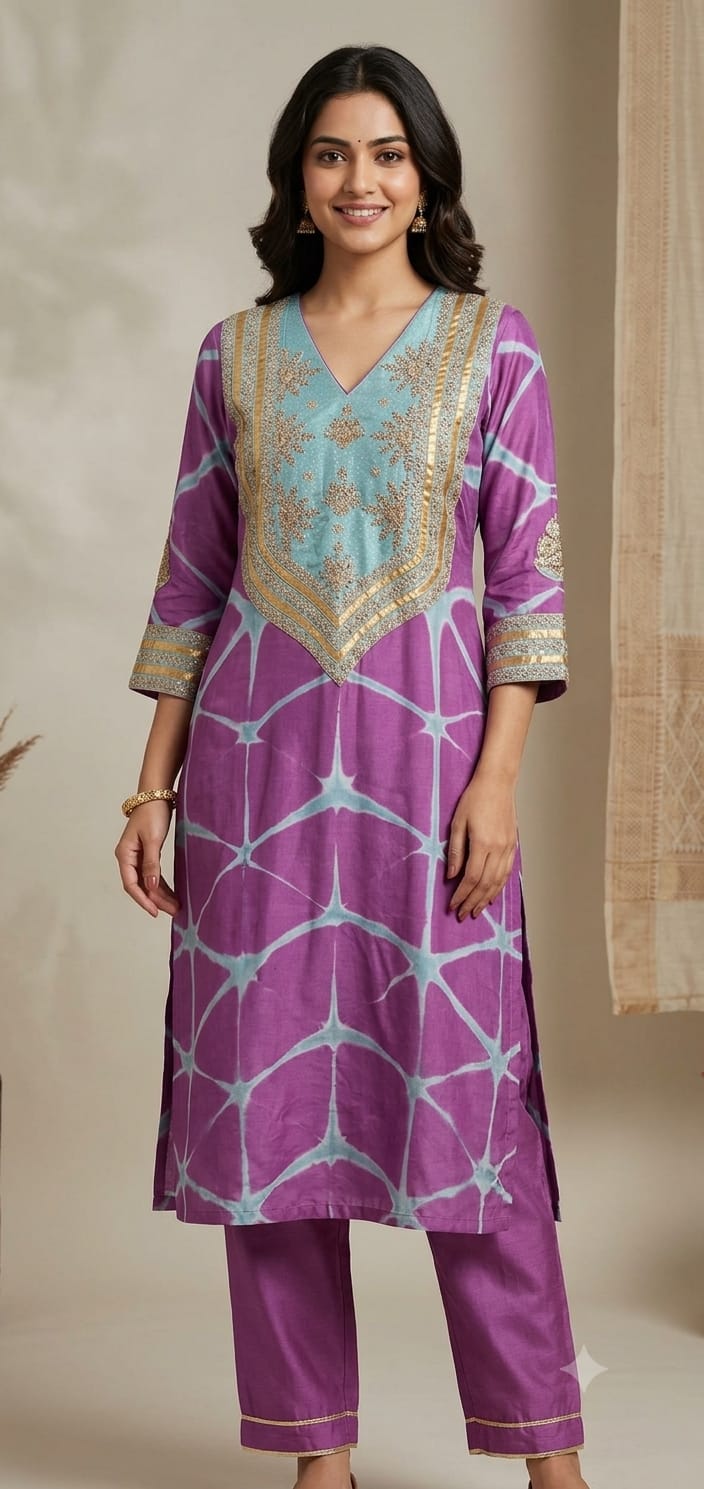 Clamp Dyed Embroidered Kurta Set - Purple - Charkha TalesClamp Dyed Embroidered Kurta Set - Purple