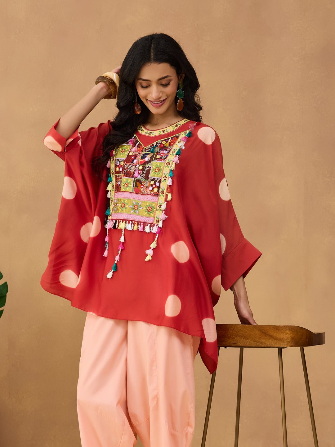 Clamp Dyed Embroidered Short Kurta Set - Red - Charkha TalesClamp Dyed Embroidered Short Kurta Set - Red