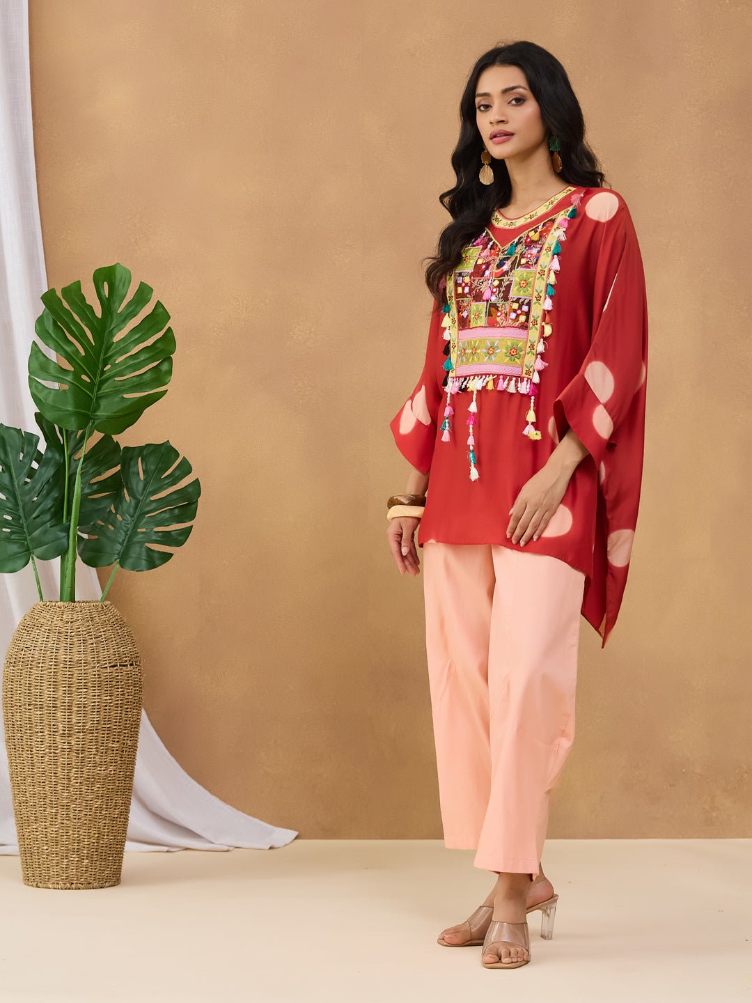 Clamp Dyed Embroidered Short Kurta Set - Red - Charkha TalesClamp Dyed Embroidered Short Kurta Set - Red
