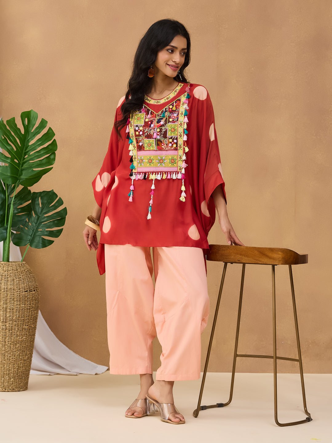 Clamp Dyed Embroidered Short Kurta Set - Red - Charkha TalesClamp Dyed Embroidered Short Kurta Set - Red