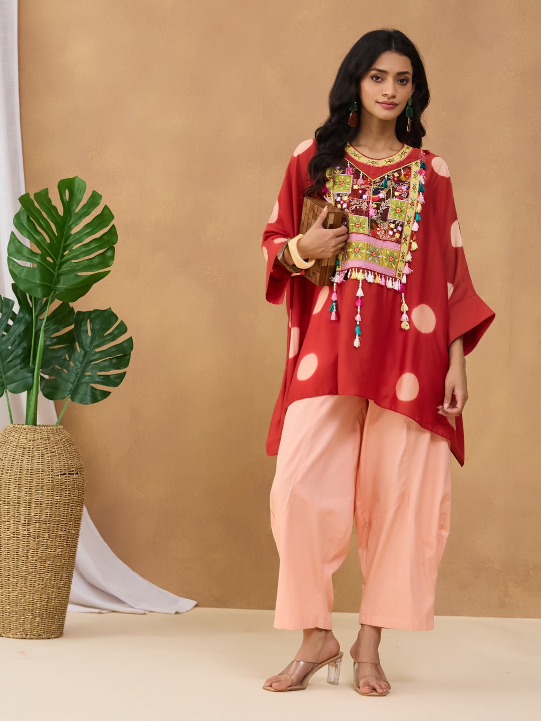 Clamp Dyed Embroidered Short Kurta Set - Red - Charkha TalesClamp Dyed Embroidered Short Kurta Set - Red