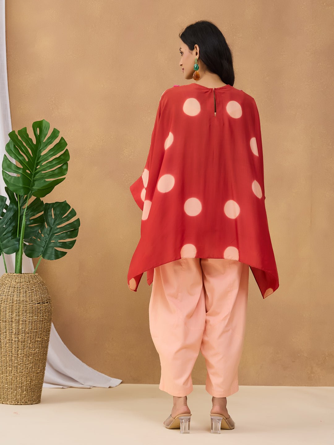 Clamp Dyed Embroidered Short Kurta Set - Red - Charkha TalesClamp Dyed Embroidered Short Kurta Set - Red