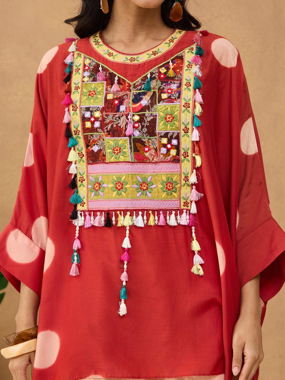 Clamp Dyed Embroidered Short Kurta Set - Red - Charkha TalesClamp Dyed Embroidered Short Kurta Set - Red