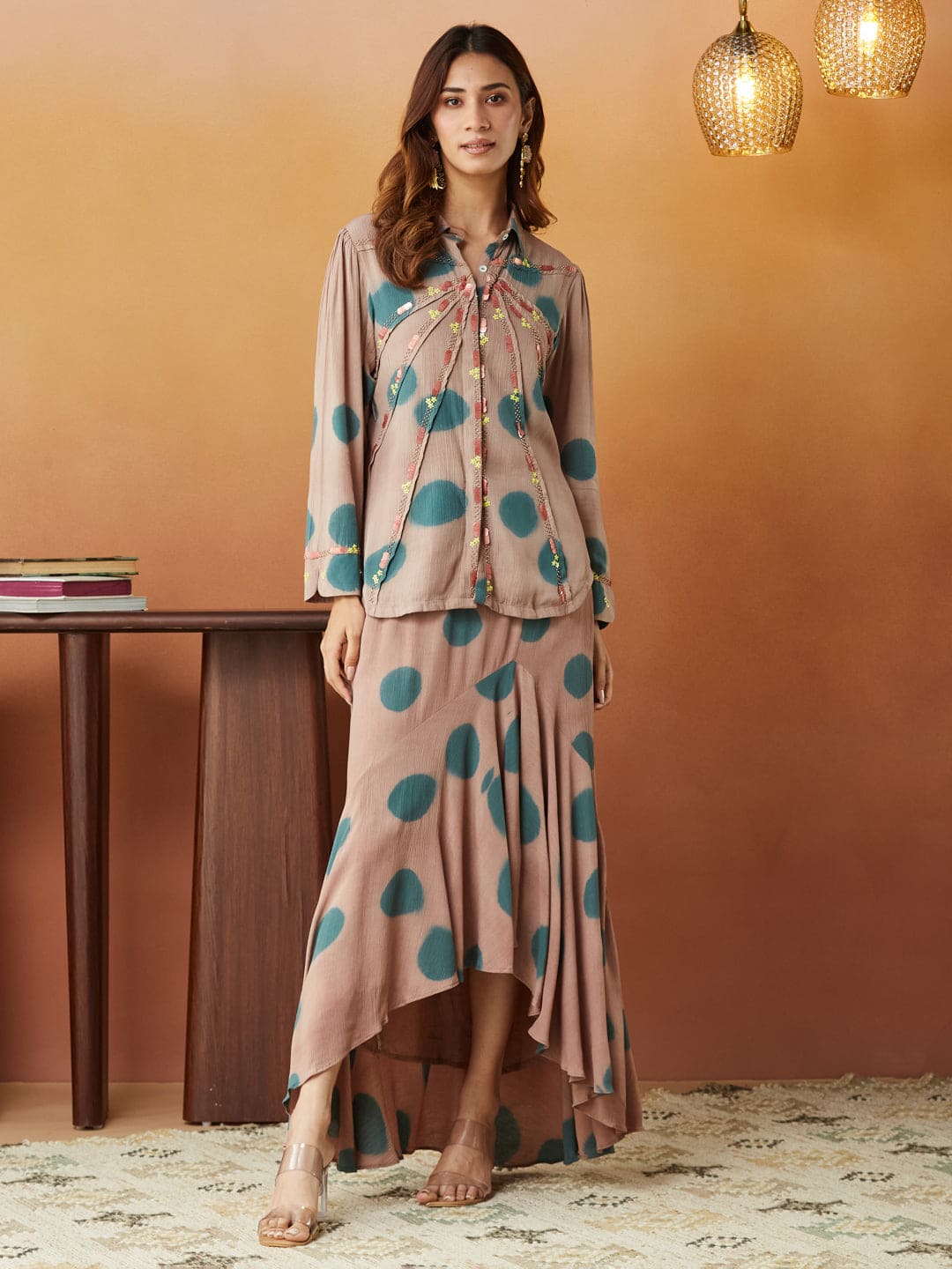 Clamp Dyed Top & Skirt - Chiku - Charkha TalesClamp Dyed Top & Skirt - Chiku