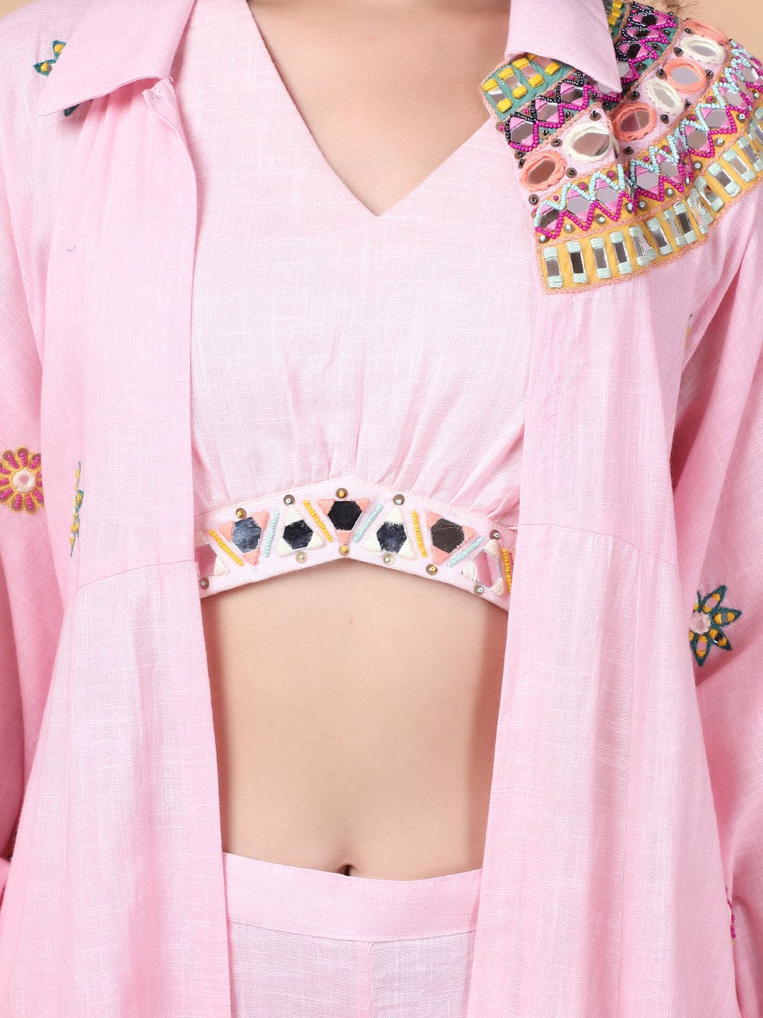 Co - Ord Set With Over Ley Shrug - Pink - Charkha TalesCo - Ord Set With Over Ley Shrug - Pink