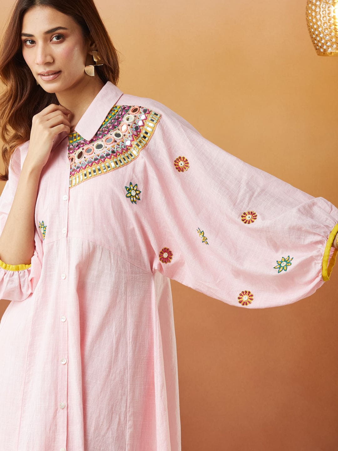 Co - Ord Set With Over Ley Shrug - Pink - Charkha TalesCo - Ord Set With Over Ley Shrug - Pink