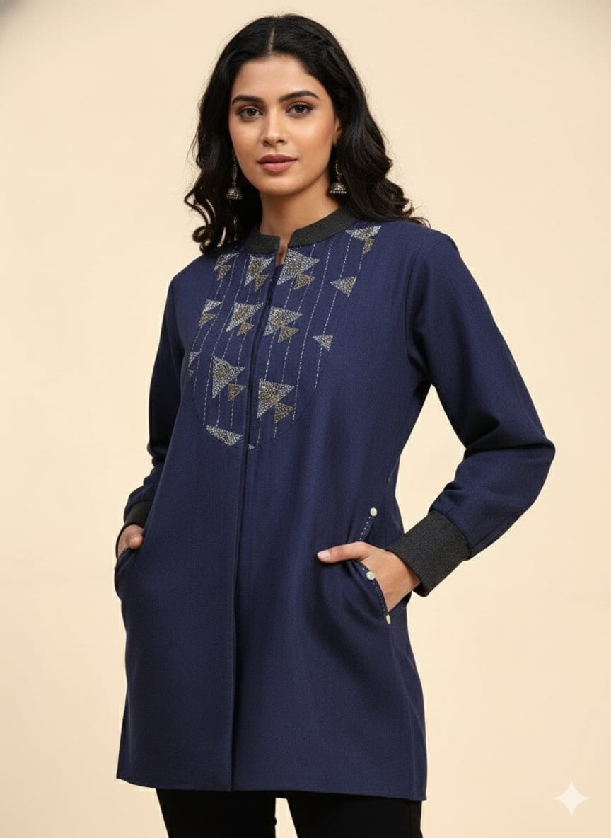 Cotton Kantha Women Jacket - Navy Blue - Charkha TalesCotton Kantha Women Jacket - Navy Blue