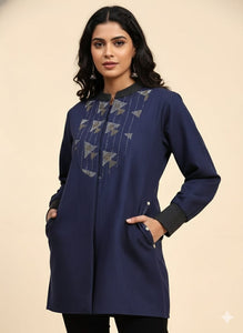 Cotton Kantha Women Jacket - Navy Blue