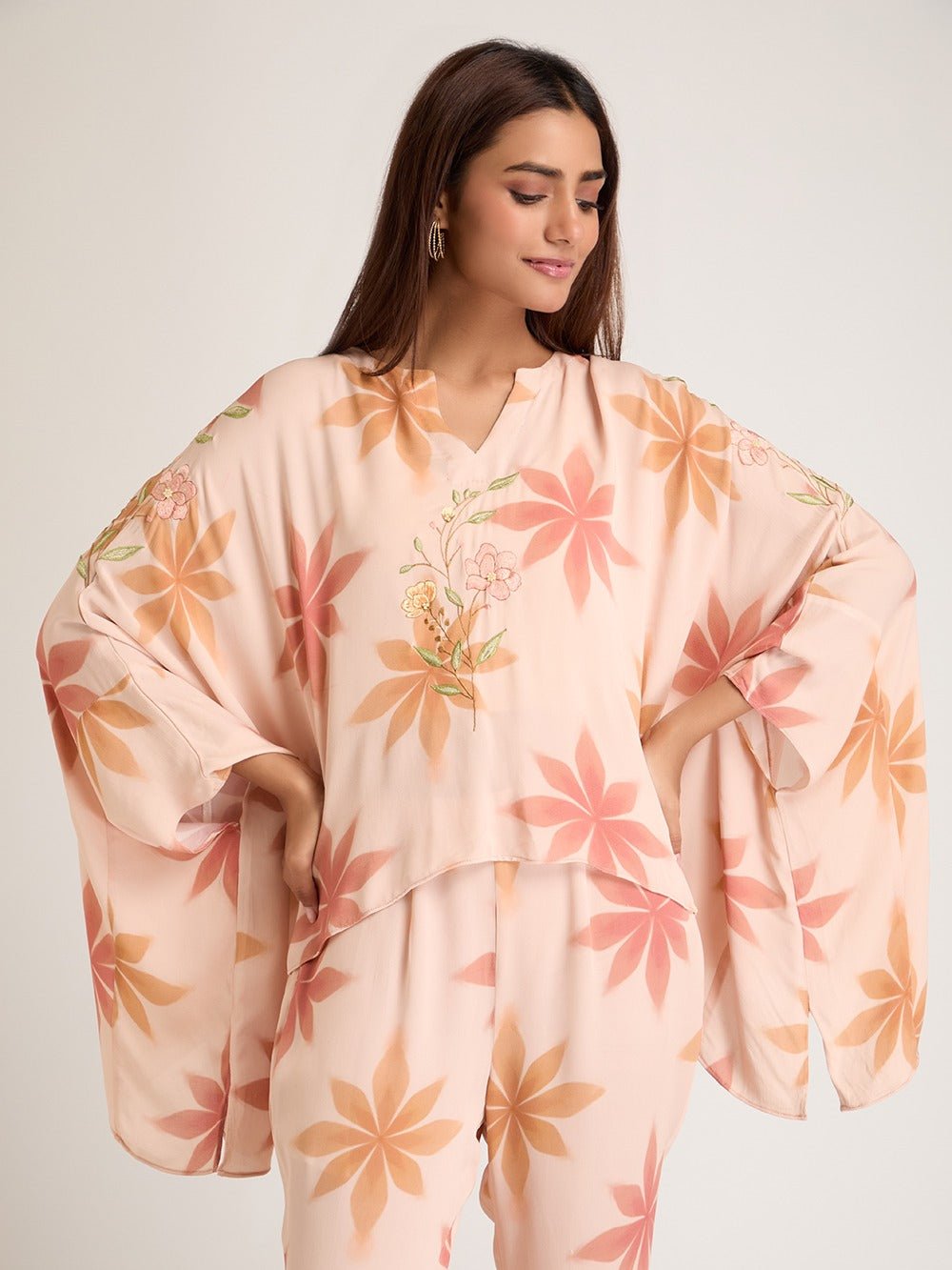 Digital Print Embroidered Co - Ord Set - Peach - Charkha TalesDigital Print Embroidered Co - Ord Set - Peach