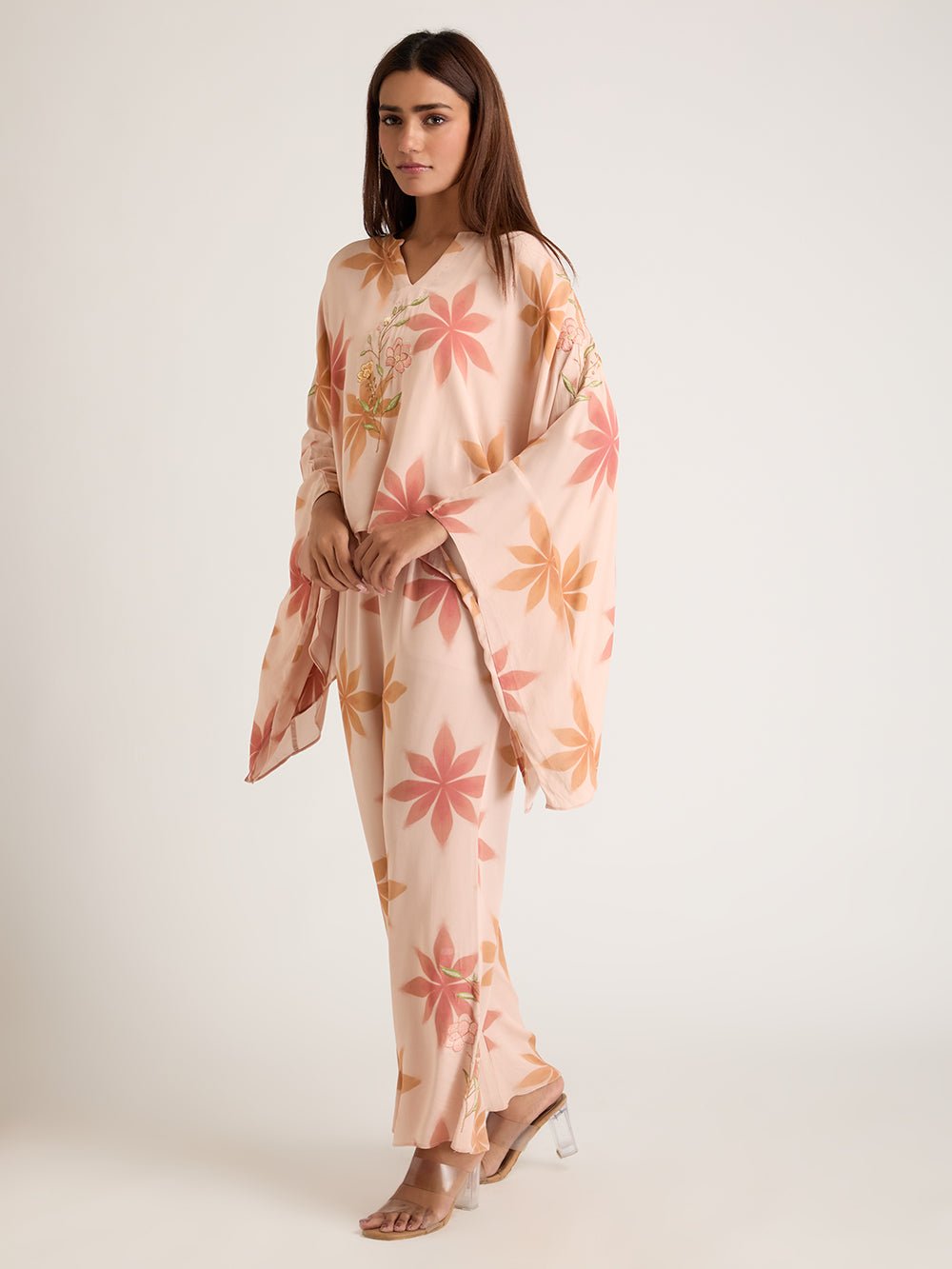 Digital Print Embroidered Co - Ord Set - Peach - Charkha TalesDigital Print Embroidered Co - Ord Set - Peach