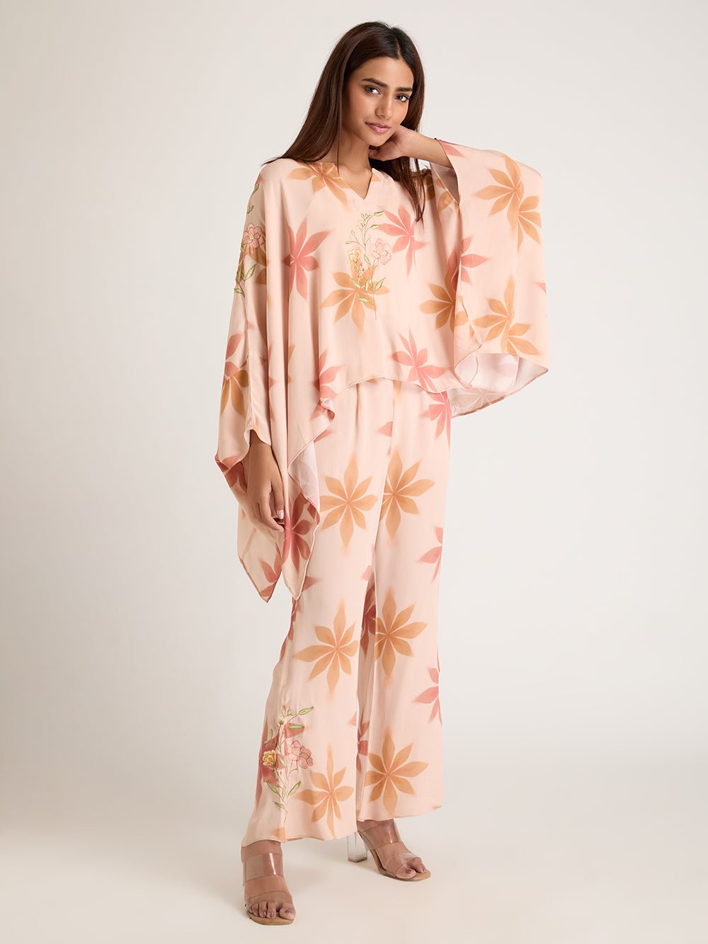 Digital Print Embroidered Co - Ord Set - Peach - Charkha TalesDigital Print Embroidered Co - Ord Set - Peach