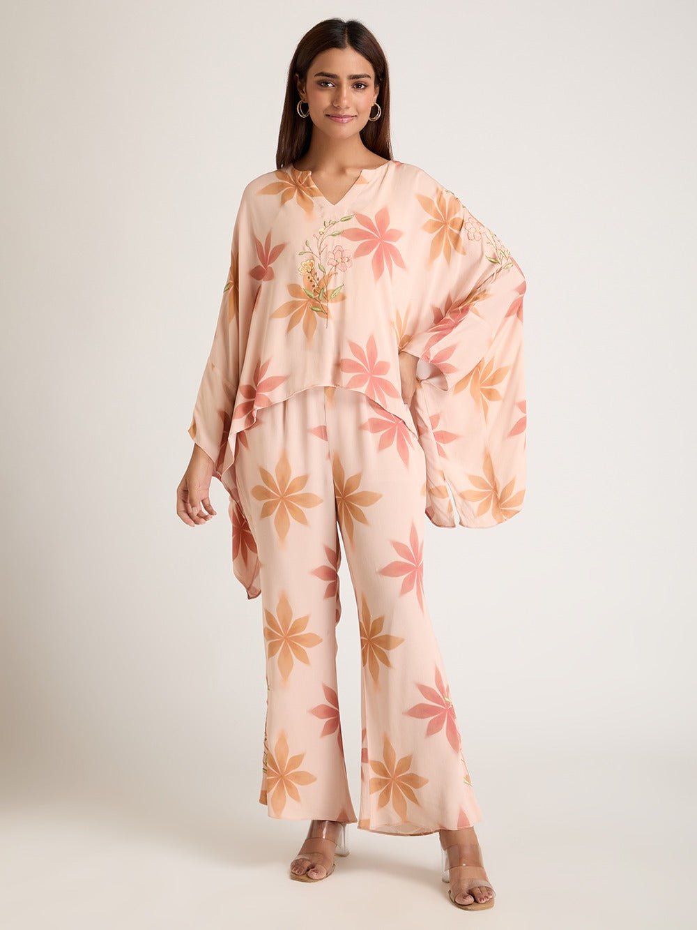 Digital Print Embroidered Co - Ord Set - Peach - Charkha TalesDigital Print Embroidered Co - Ord Set - Peach