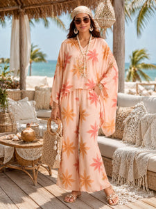 Digital Print Embroidered Co-Ord Set - Peach