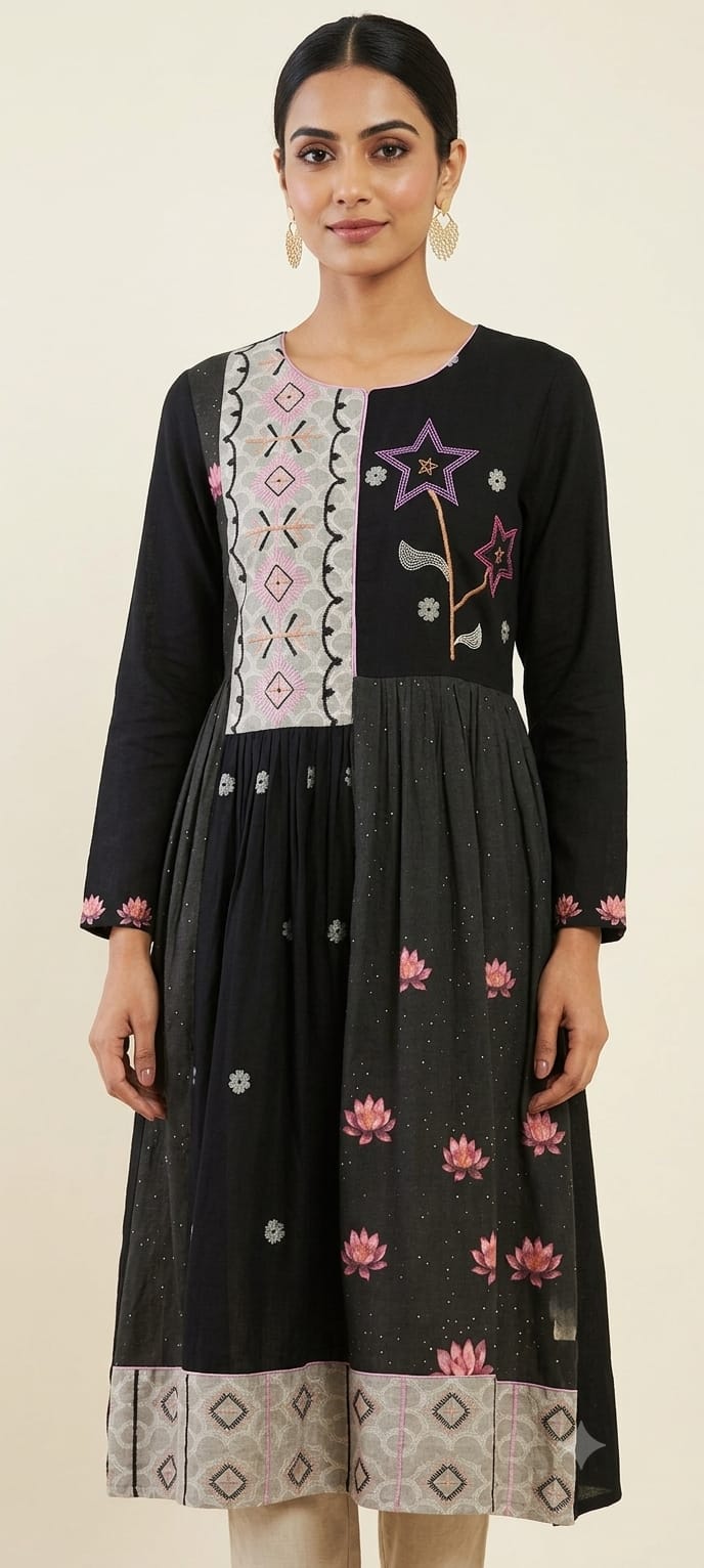 Digital Print Women Dress - Black - Charkha TalesDigital Print Women Dress - Black