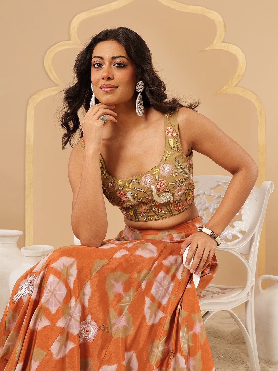 Digital Printed Blouse With Skirt - Peach - Charkha TalesDigital Printed Blouse With Skirt - Peach