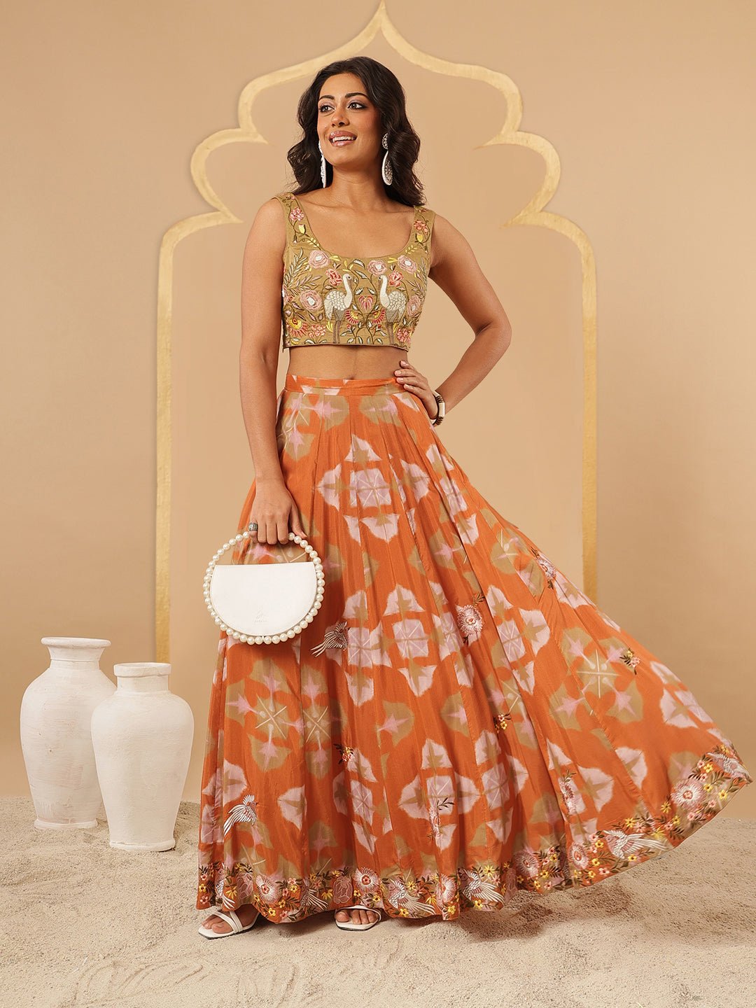 Digital Printed Blouse With Skirt - Peach - Charkha TalesDigital Printed Blouse With Skirt - Peach