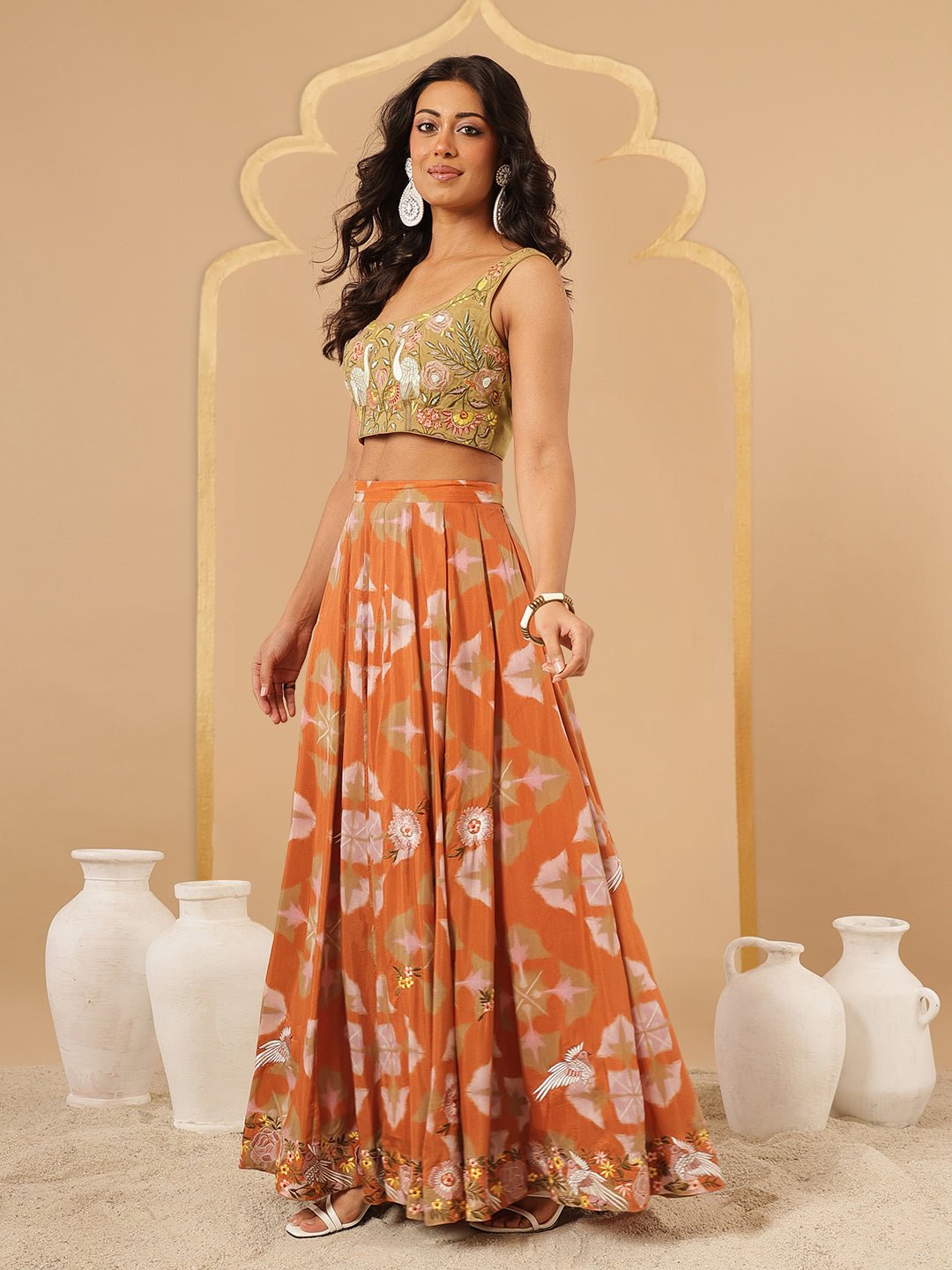 Digital Printed Blouse With Skirt - Peach - Charkha TalesDigital Printed Blouse With Skirt - Peach