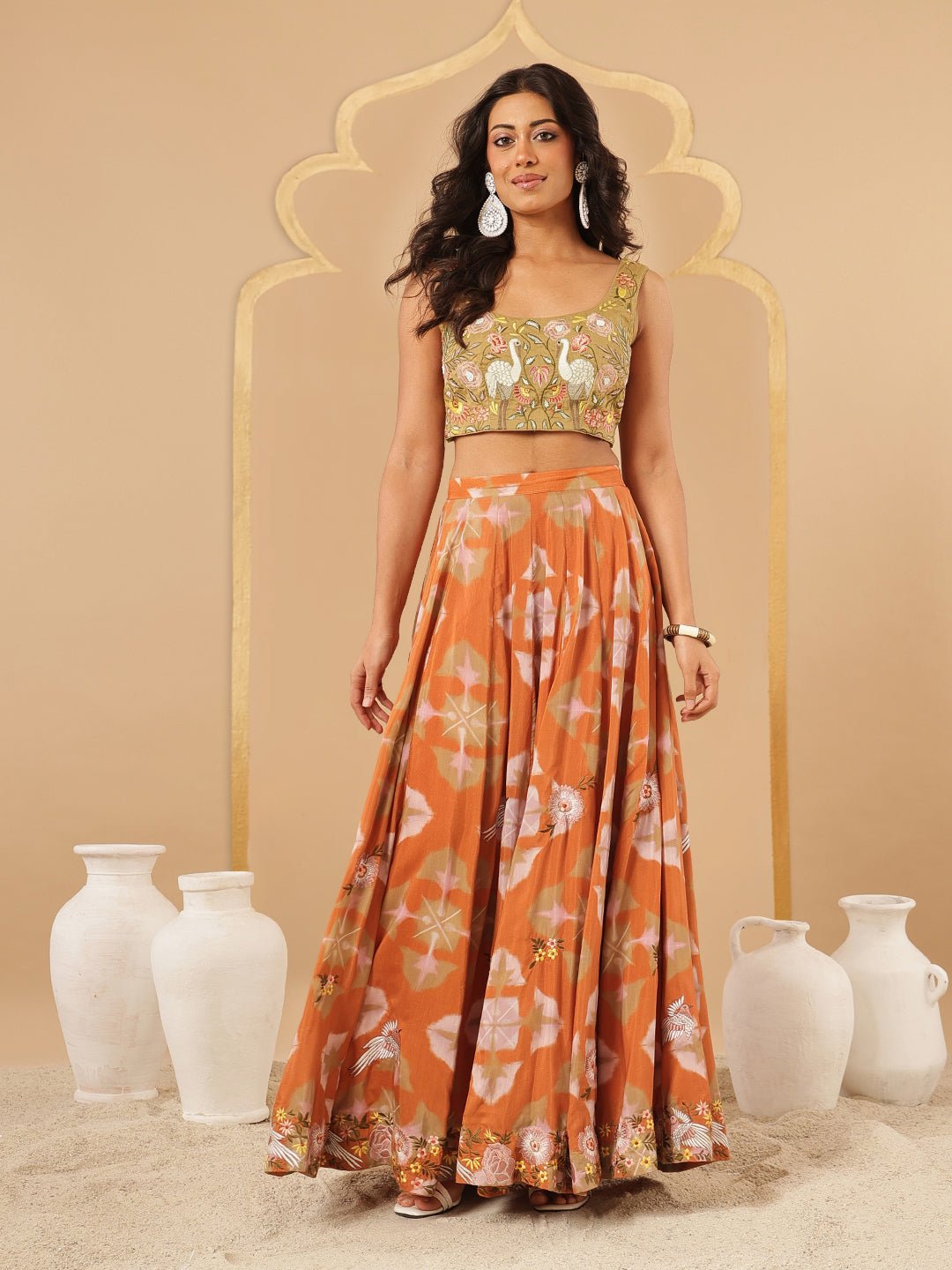 Digital Printed Blouse With Skirt - Peach - Charkha TalesDigital Printed Blouse With Skirt - Peach