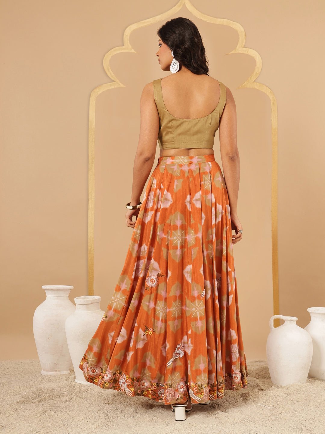 Digital Printed Blouse With Skirt - Peach - Charkha TalesDigital Printed Blouse With Skirt - Peach