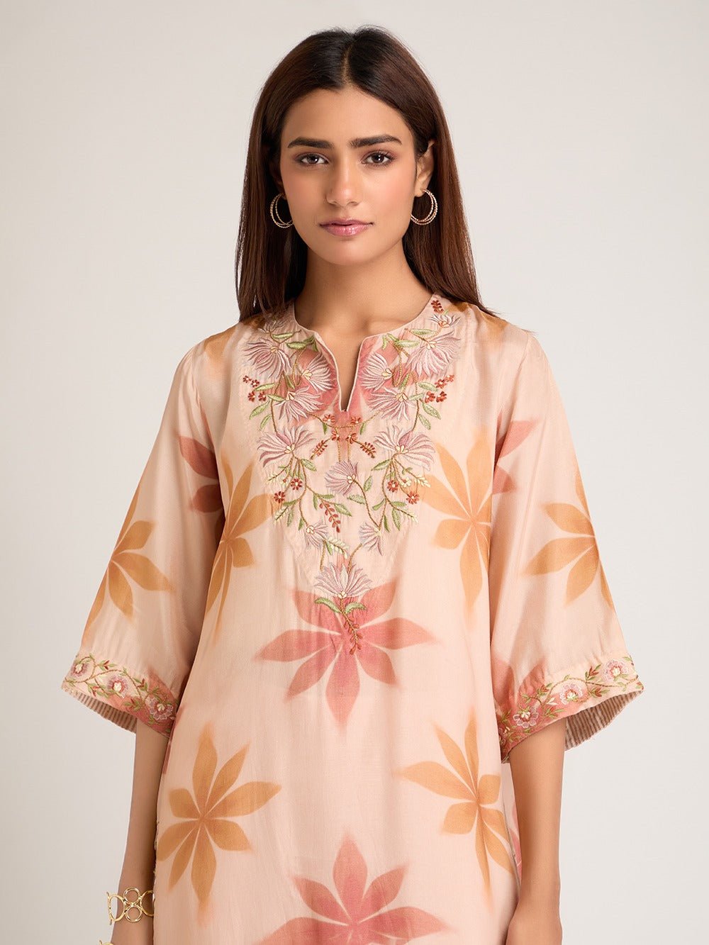 Digital Printed Embroidered Kurta Set - Peach - Charkha TalesDigital Printed Embroidered Kurta Set - Peach