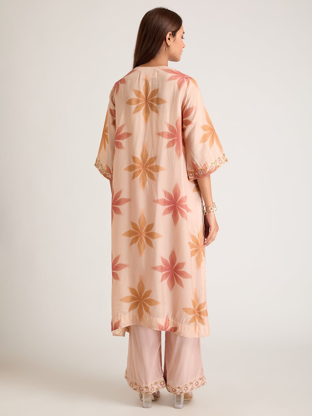 Digital Printed Embroidered Kurta Set - Peach - Charkha TalesDigital Printed Embroidered Kurta Set - Peach