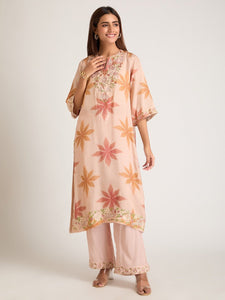Digital Printed Embroidered Kurta Set - Peach