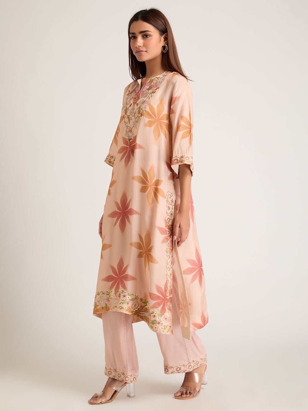 Digital Printed Embroidered Kurta Set - Peach - Charkha TalesDigital Printed Embroidered Kurta Set - Peach