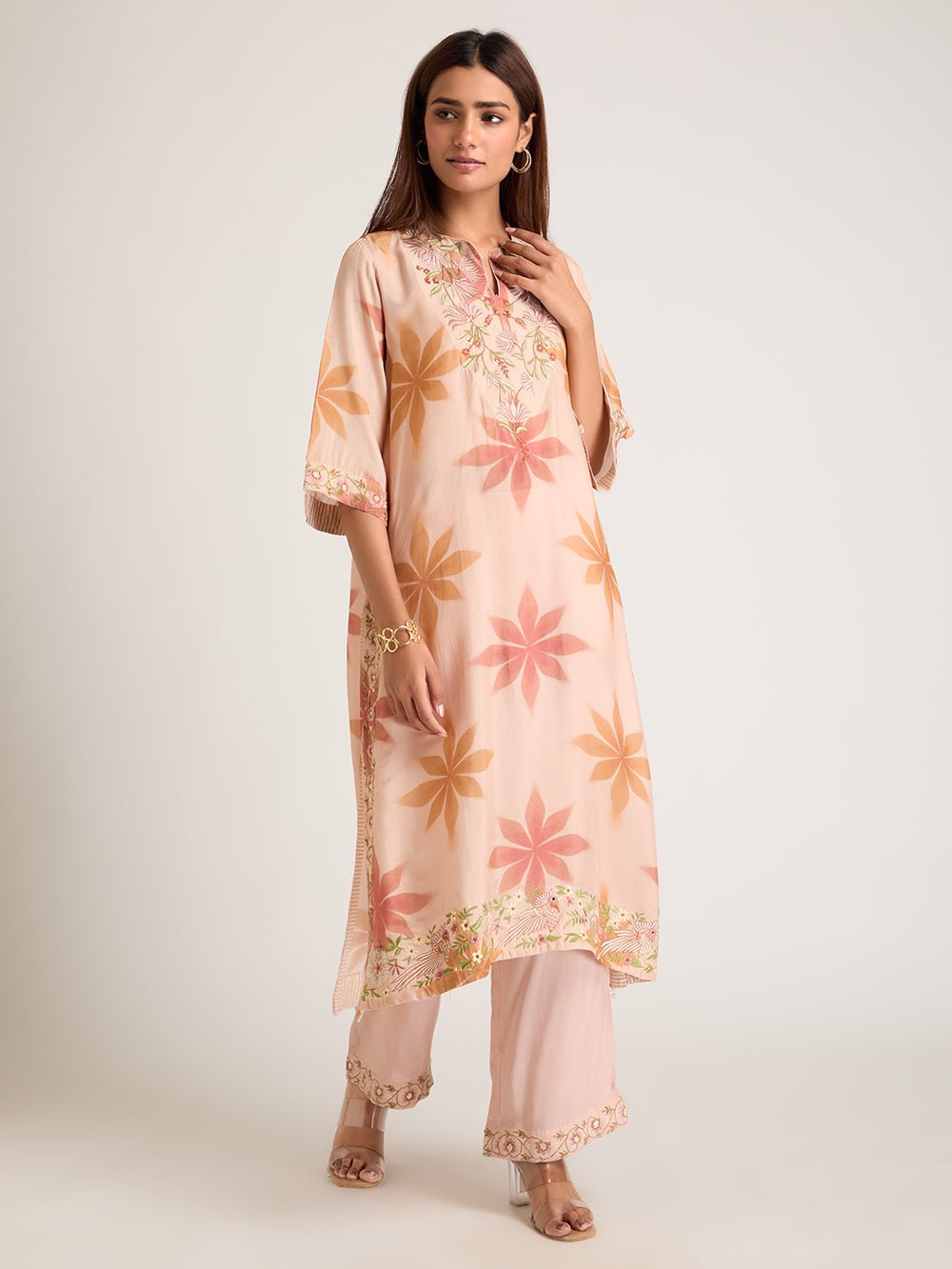 Digital Printed Embroidered Kurta Set - Peach - Charkha TalesDigital Printed Embroidered Kurta Set - Peach