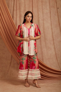Digital Printed Jacket & Bralet Top With Flared Pant Set - Multicolour