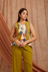 Digital Printed Kurta Set - Ivory & Olive Green