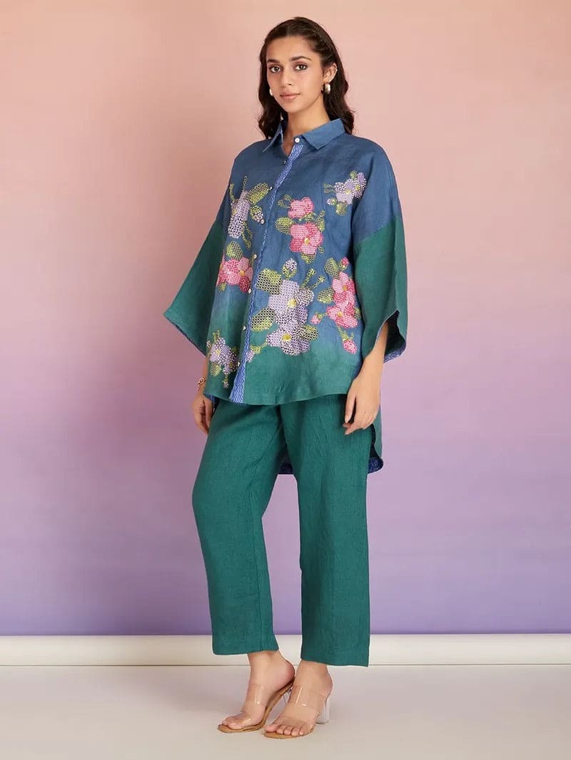 Dyed Cotton Patch Work Co - ord Set - Blue Green Ombre - Charkha TalesDyed Cotton Patch Work Co - ord Set - Blue Green Ombre