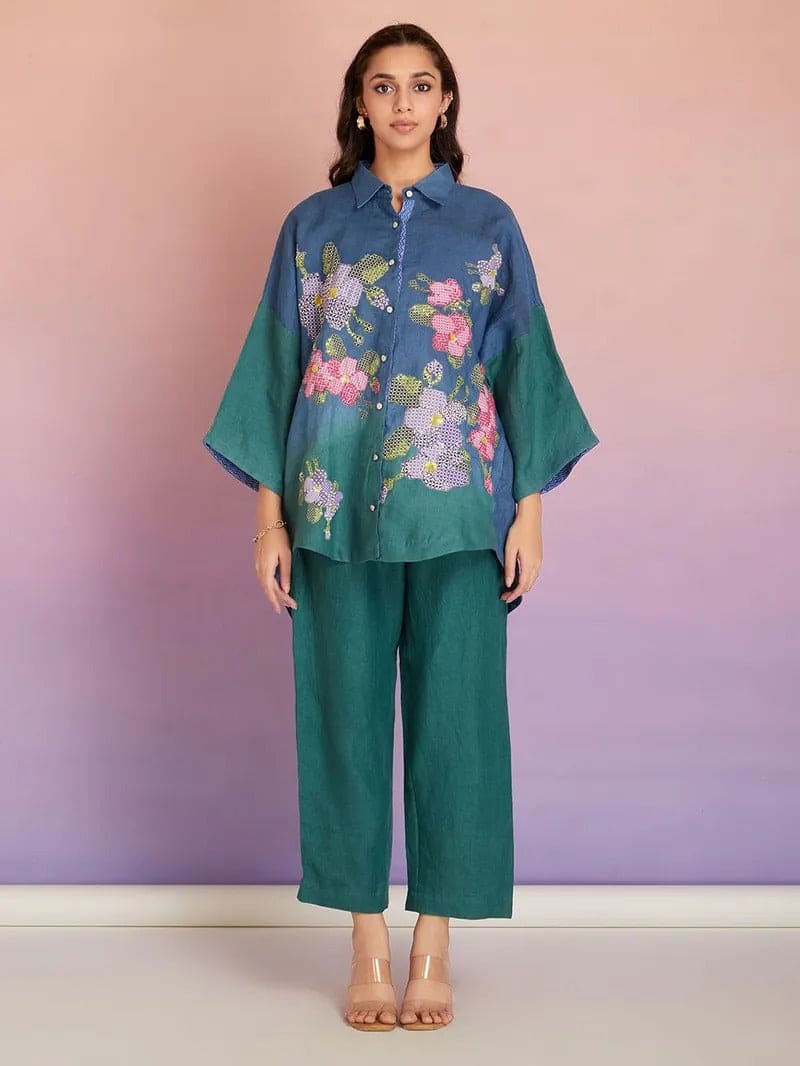 Dyed Cotton Patch Work Co - ord Set - Blue Green Ombre - Charkha TalesDyed Cotton Patch Work Co - ord Set - Blue Green Ombre