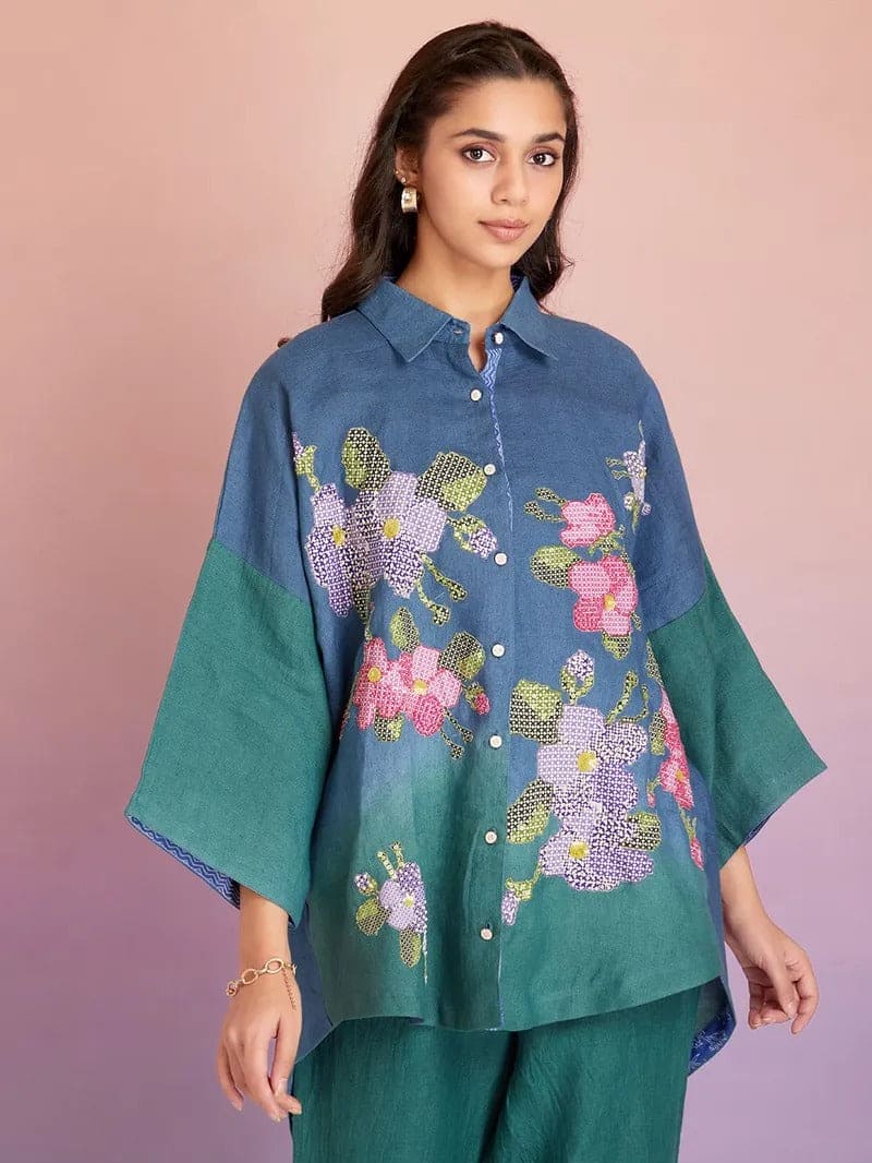 Dyed Cotton Patch Work Co - ord Set - Blue Green Ombre - Charkha TalesDyed Cotton Patch Work Co - ord Set - Blue Green Ombre