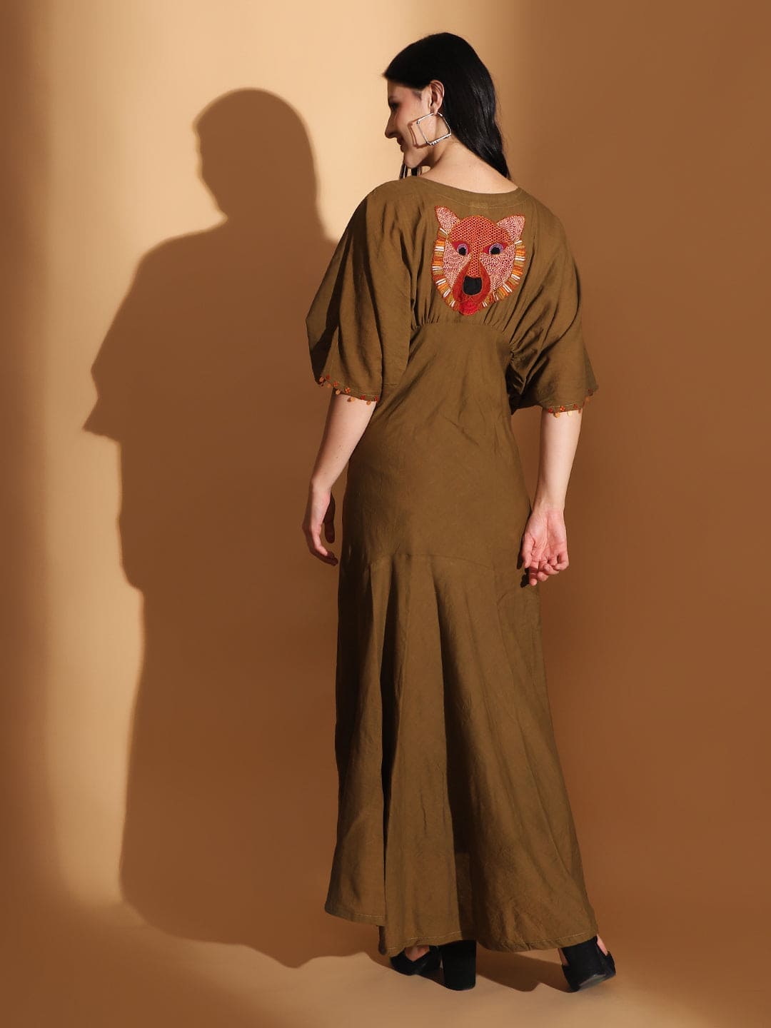 Earthy Olive Gond Artwork Dress - Charkha TalesEarthy Olive Gond Artwork Dress